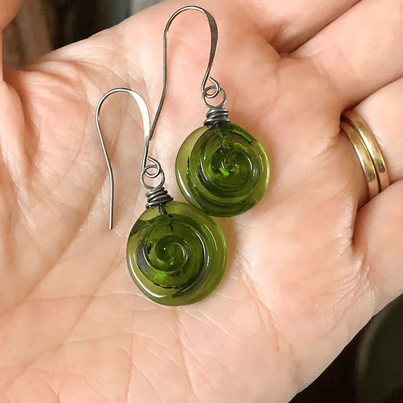 Recycled Glass Spiral Earrings: Upcycled Mason Jar Dangles